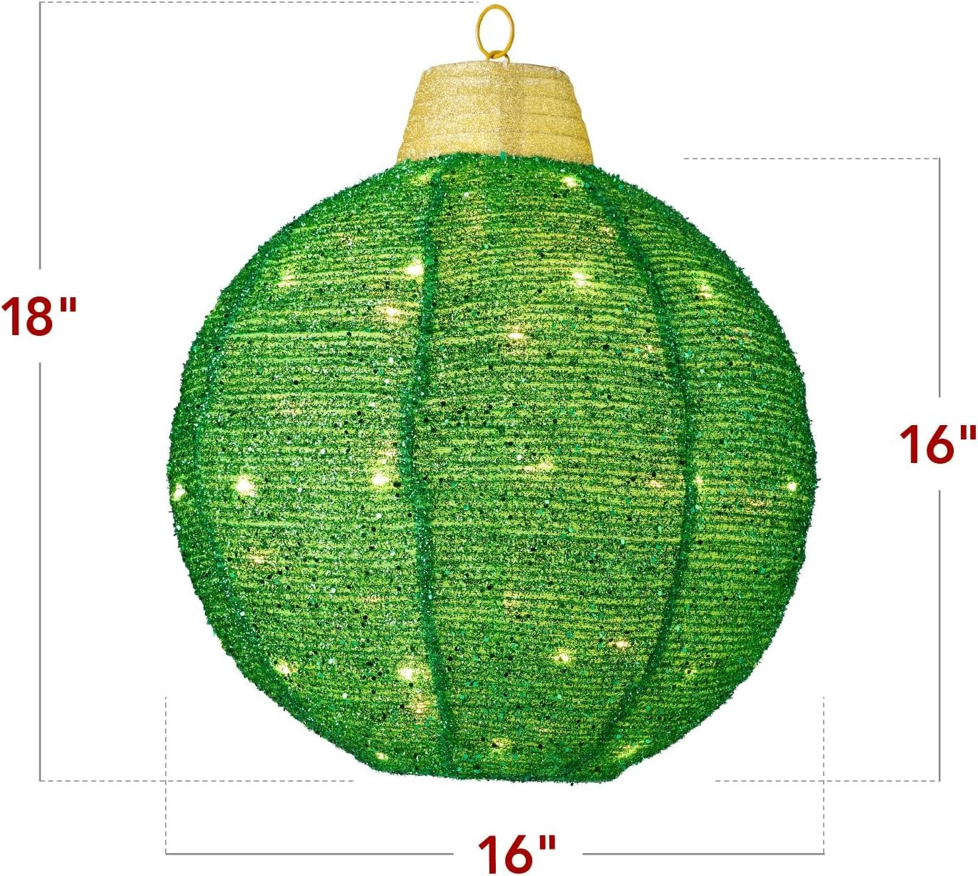Green textured ball ornament with dimensions on a white background